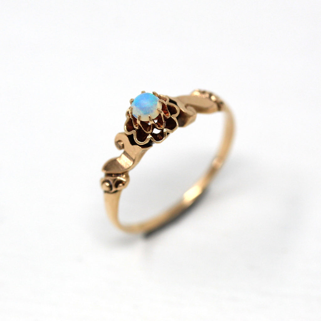 Genuine Opal Ring - Victorian 14k Rose Gold Round Cabochon Cut .14 CT Gemstone - Antique Circa 1890s Era Size 7 1/2 Buttercup Fine Jewelry