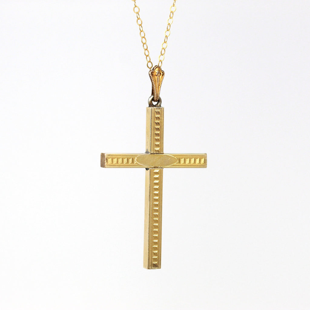 Vintage Cross Necklace - Retro 12k Gold Filled Engraved Designs Pendant Charm - Circa 1940s Era Religious Faith Statement Crucifix Jewelry