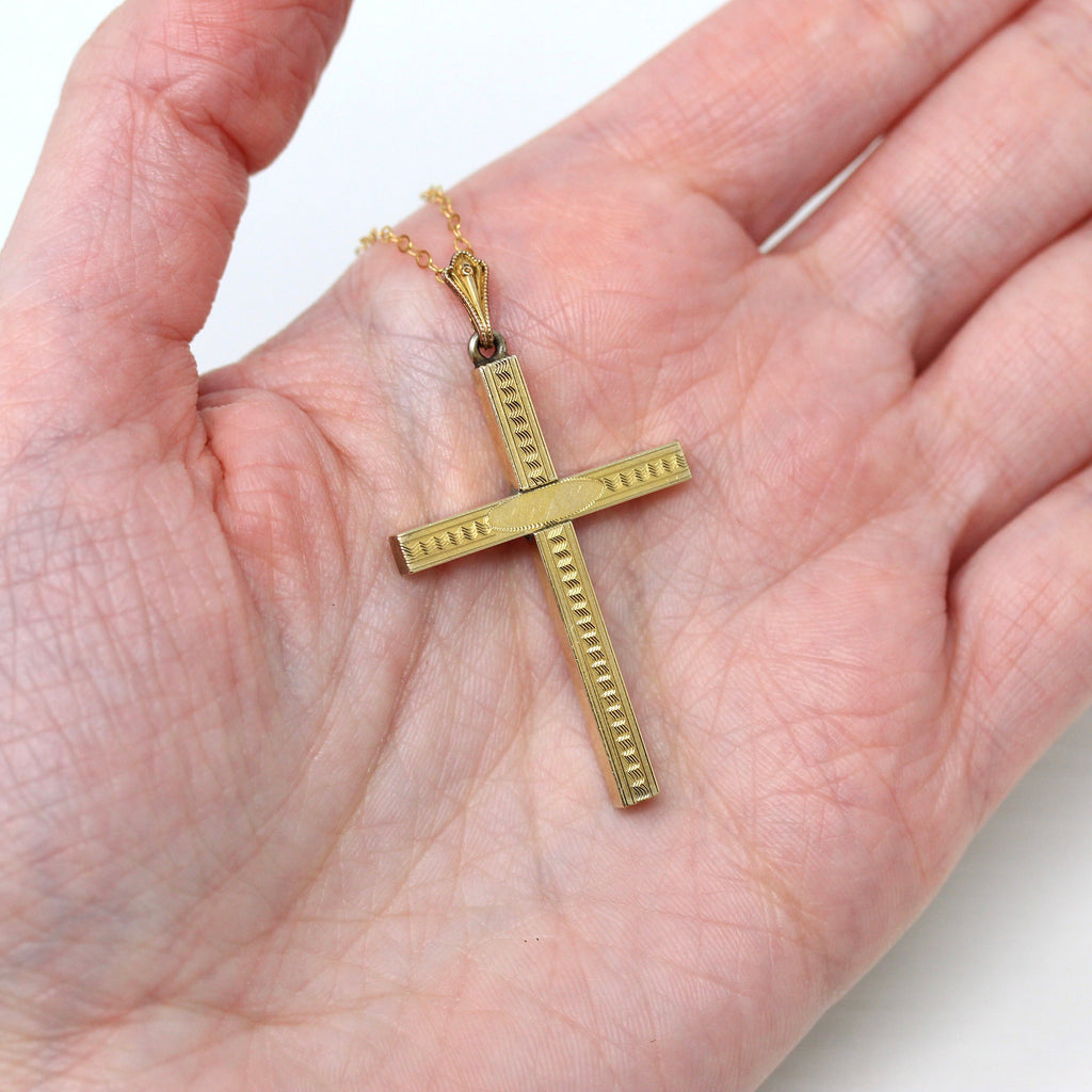 Vintage Cross Necklace - Retro 12k Gold Filled Engraved Designs Pendant Charm - Circa 1940s Era Religious Faith Statement Crucifix Jewelry